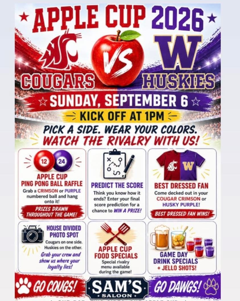 Apple Cup 2026 flyer at Sam's Saloon, WSU Cougars vs UW Huskies, Sunday September 6, kickoff at 1 PM, with raffle, contests, and rivalry specials