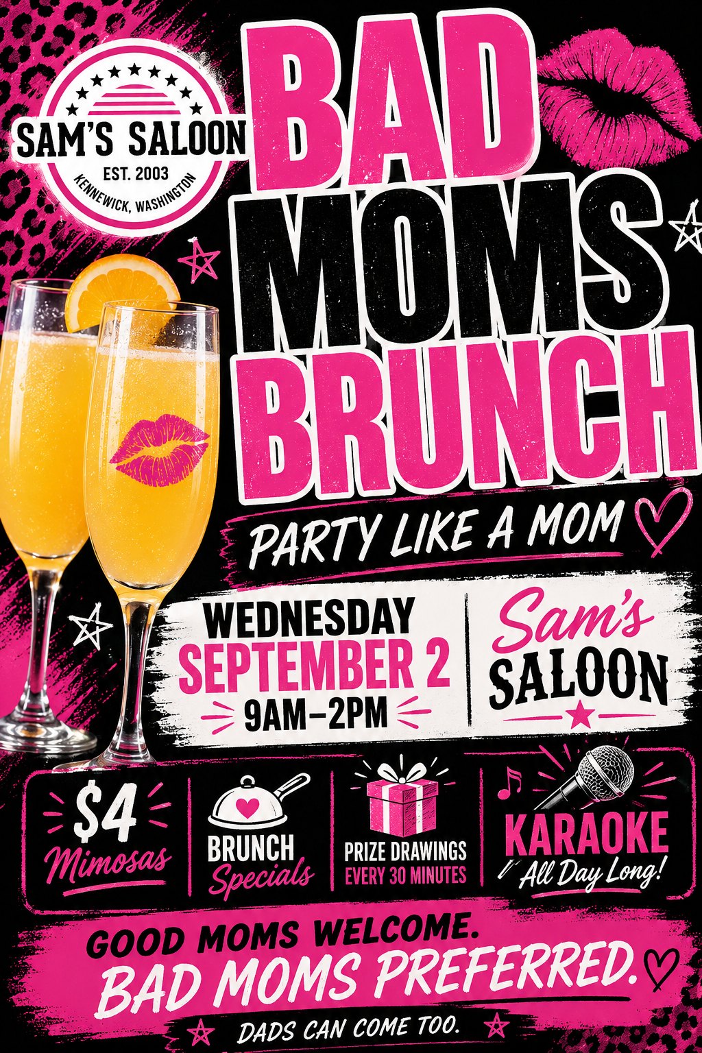 Bad Moms Brunch flyer at Sam's Saloon, Kennewick WA, Wednesday September 2, 9 AM to 2 PM