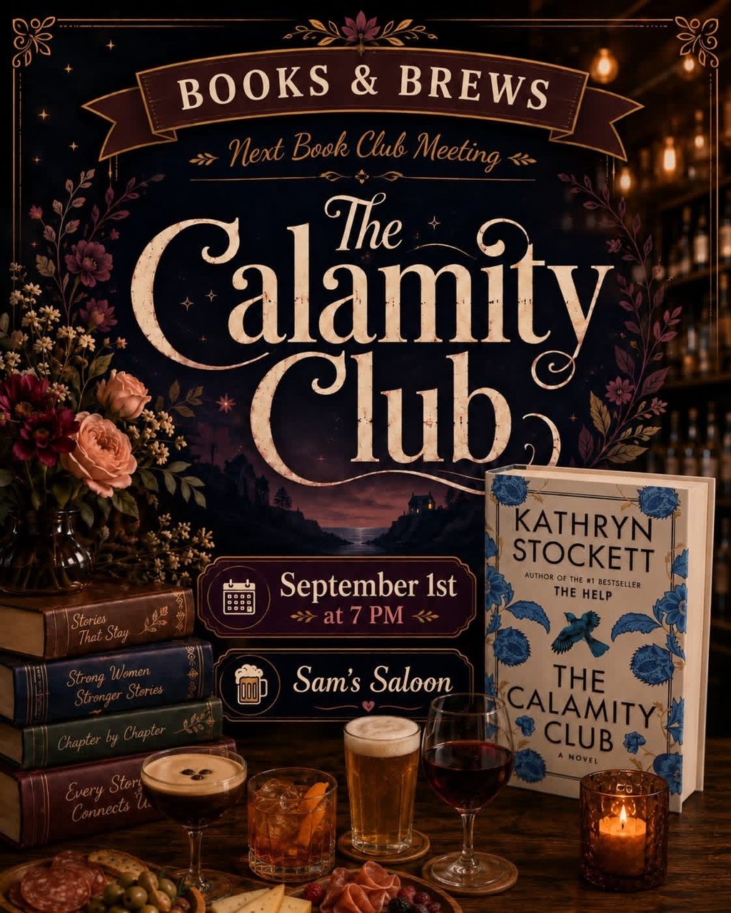 Books & Brews Book Club flyer at Sam's Saloon, The Calamity Club by Kathryn Stockett, Tuesday September 1 at 7 PM