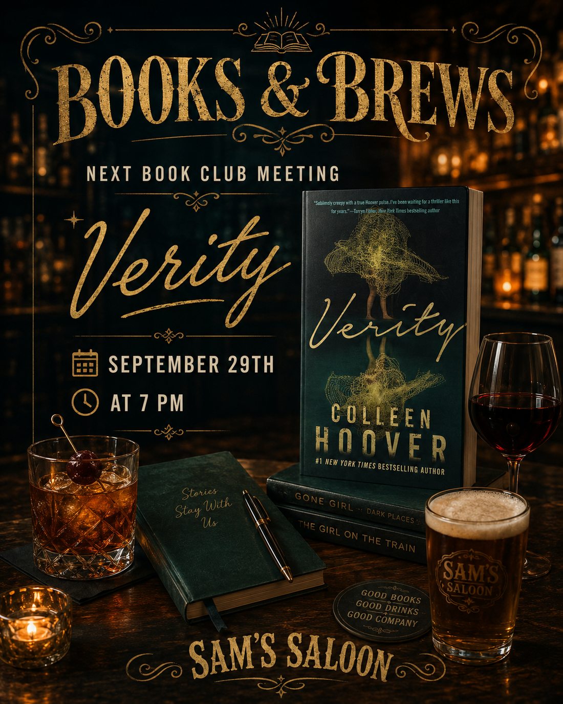 Books & Brews Book Club flyer at Sam's Saloon, Verity by Colleen Hoover, Tuesday September 29 at 7 PM