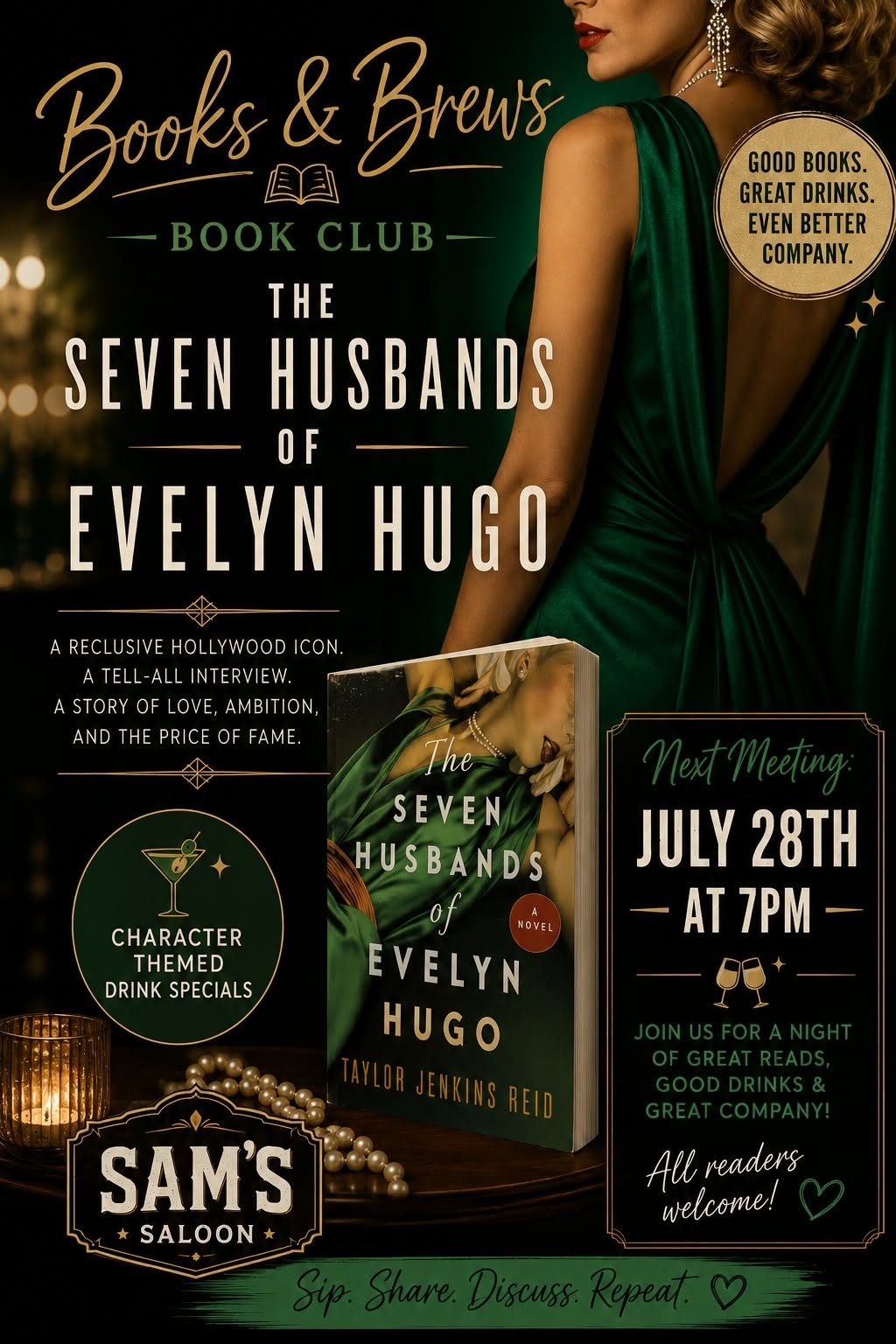 Books & Brews Book Club flyer at Sam's Saloon, this month's pick