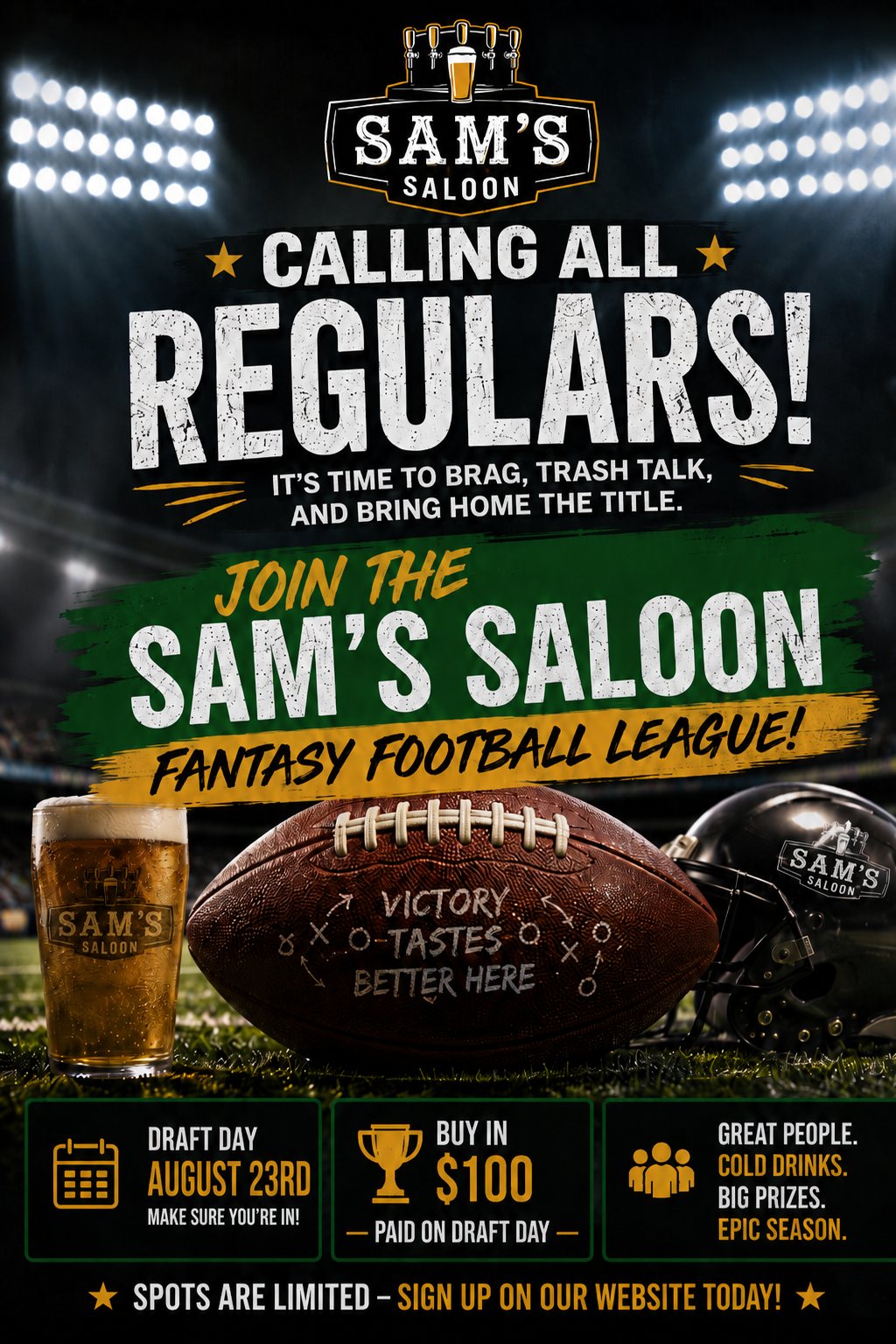 Sam's Saloon Fantasy Football League flyer, Kennewick WA, Draft Day August 23, $100 buy-in