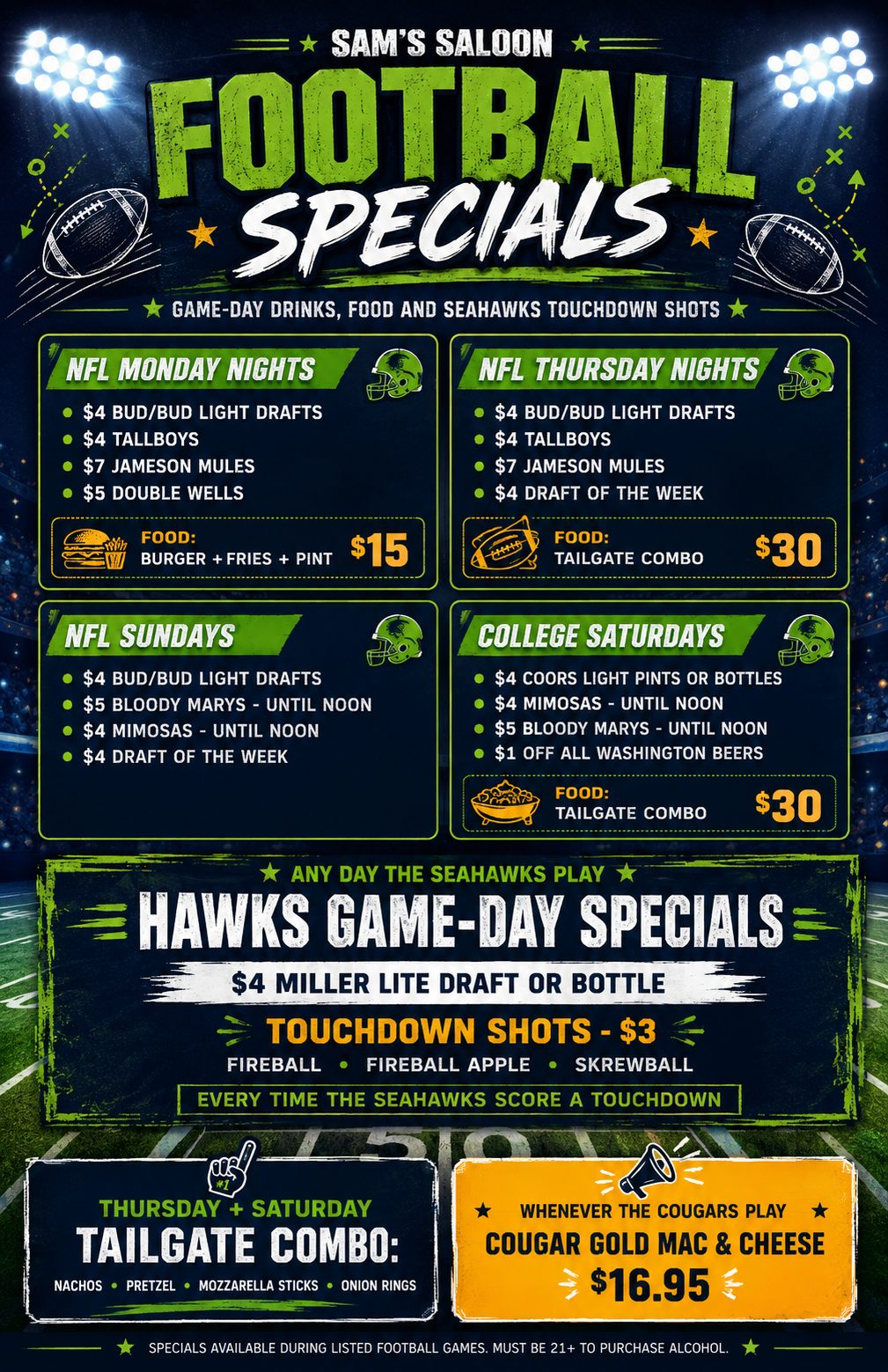 Sam's Saloon football specials flyer: NFL Sunday, Monday and Thursday night drink deals, College Saturday specials, Seahawks touchdown shots, and the Tailgate Combo